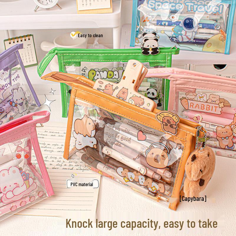 MOKA Korean Style Transparent Triangle Pencil & Makeup Case - Large Capacity Unisex Storage Pouch