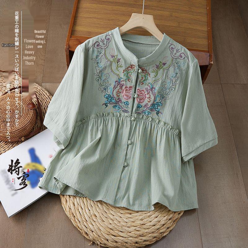 2026 Retro Embroidered Cotton Linen Shirt - Loose Fit with Frog Buttons