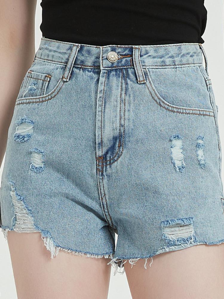 

Новые летние джинсовые шорты с высокой талией, женские повседневные джинсовые шорты с отверстиями на пуговицах и карманами, широкие короткие женские однотонные джинсовые шорты