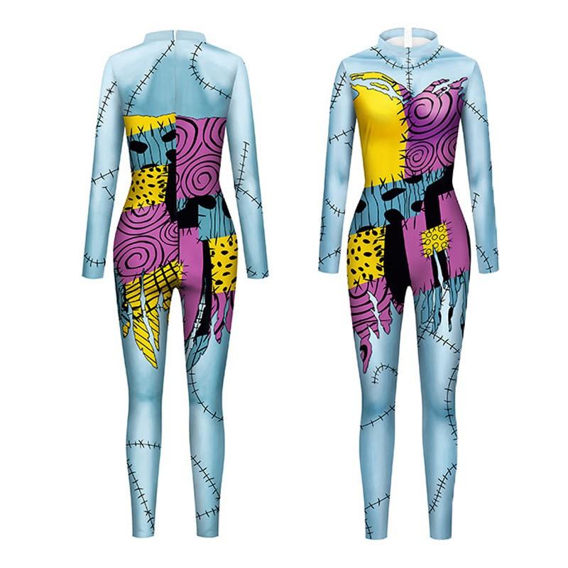 Women's Fashion Boho Halloween Print Long Sleeve Slim Costumes Zipper Jumpsuit