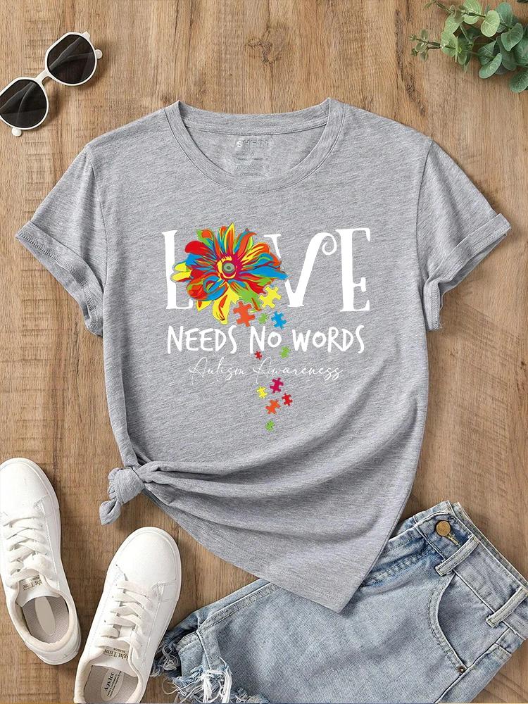 2025 Summer New Womens Round Neck Letter Printed T Shirt Love Needs No Words Top Summer Casual Women Tshirt Clothing