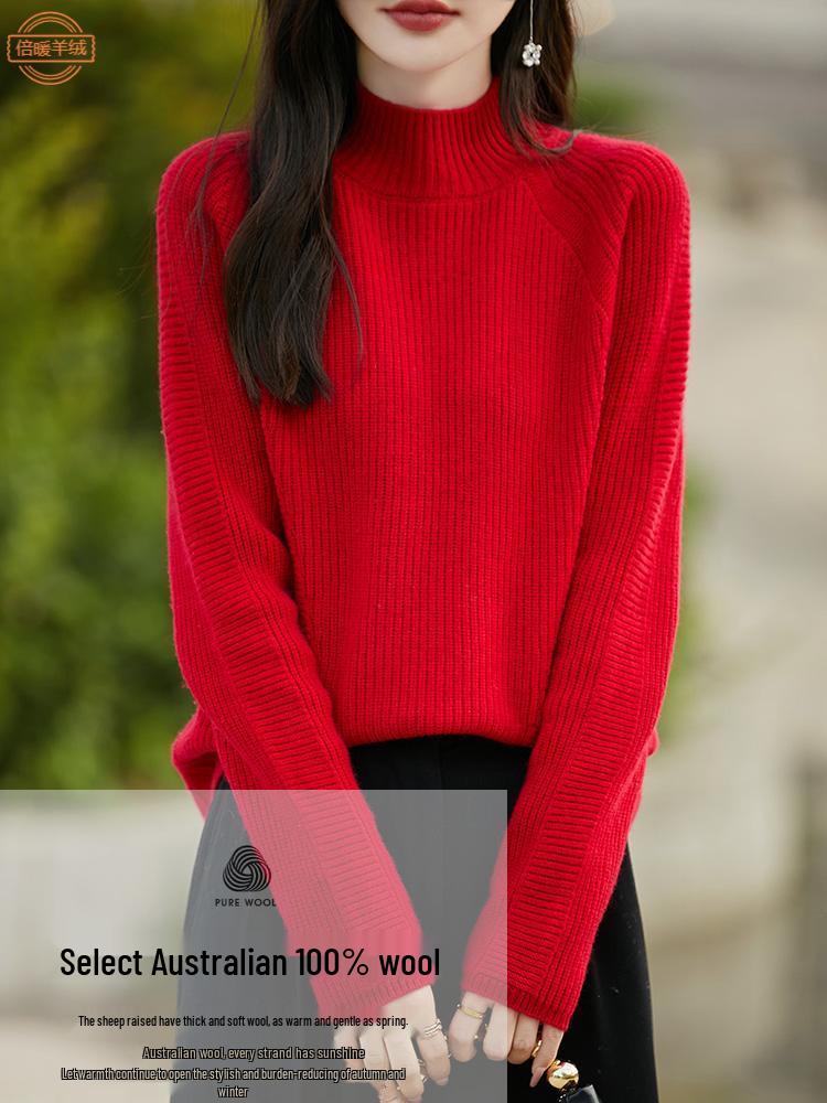 Benmingnian Women’s Heavyweight Pure Wool Cable Knit Sweater: Semi-High Neck, Extra Thick, Loose Fit, with Raglan Sleeves.