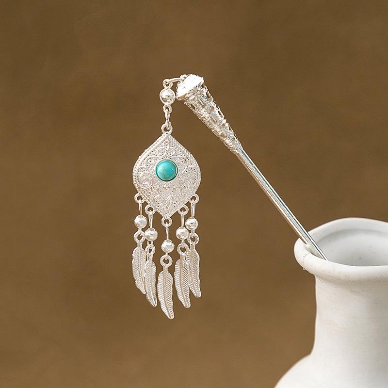 Hairpin Hollow Feather Fringed Hairpin, Ethnic Feng Shui Drop-Shaped Oil Dripping Hairpin Hanfu Disc Hair Accessories