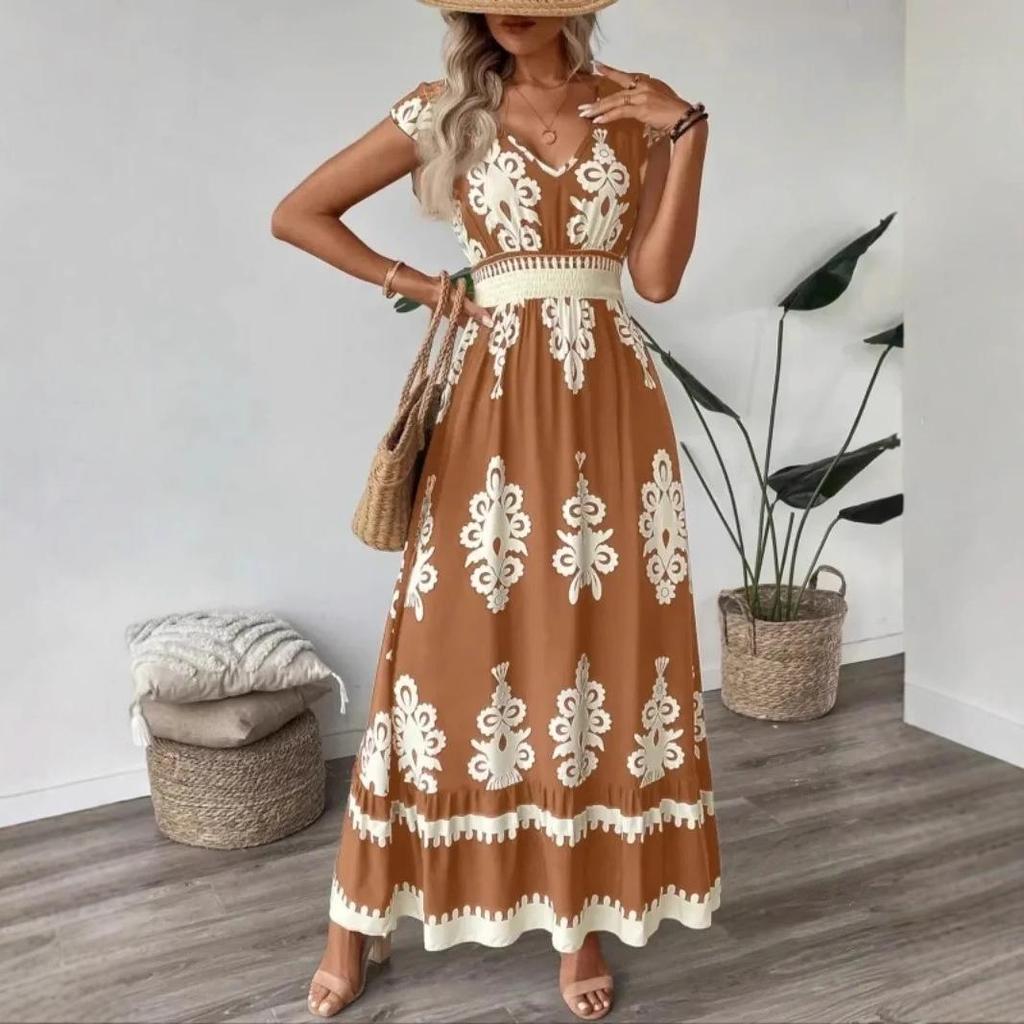 Elegant Floral V-Neck A-Line Dress with Ruffle Sleeves