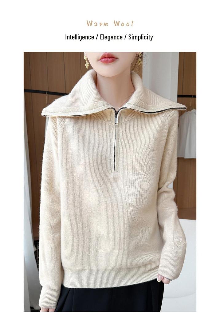 2026 Women's Autumn/Winter Pure Wool Lapel Half-Zip Knitwear Long Sleeve Pullover Sweater