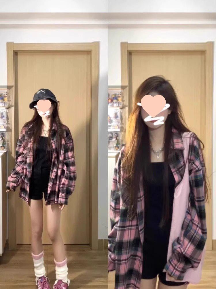 

Женская клетчатая рубашка-куртка в американском ретро-стиле 2025 года - Топ оверсайз с длинным рукавом для весны и осени