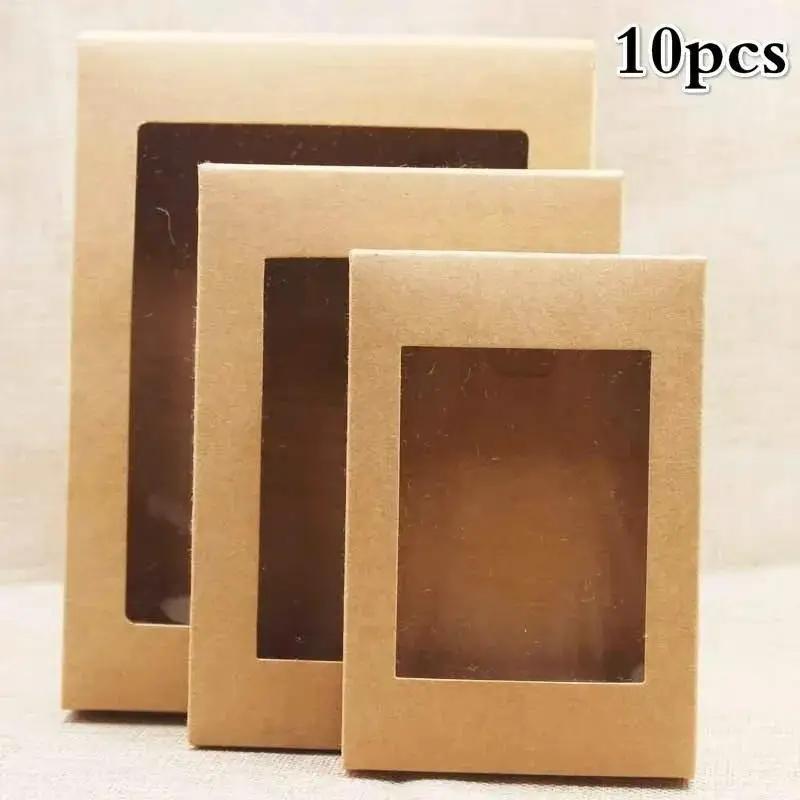 10Pcs DIY Gift Packaging Box Wedding Souvenir Packaging Box PVC Window Opening Kraft Paper Baking Pastry Storage Boxes Wholesale