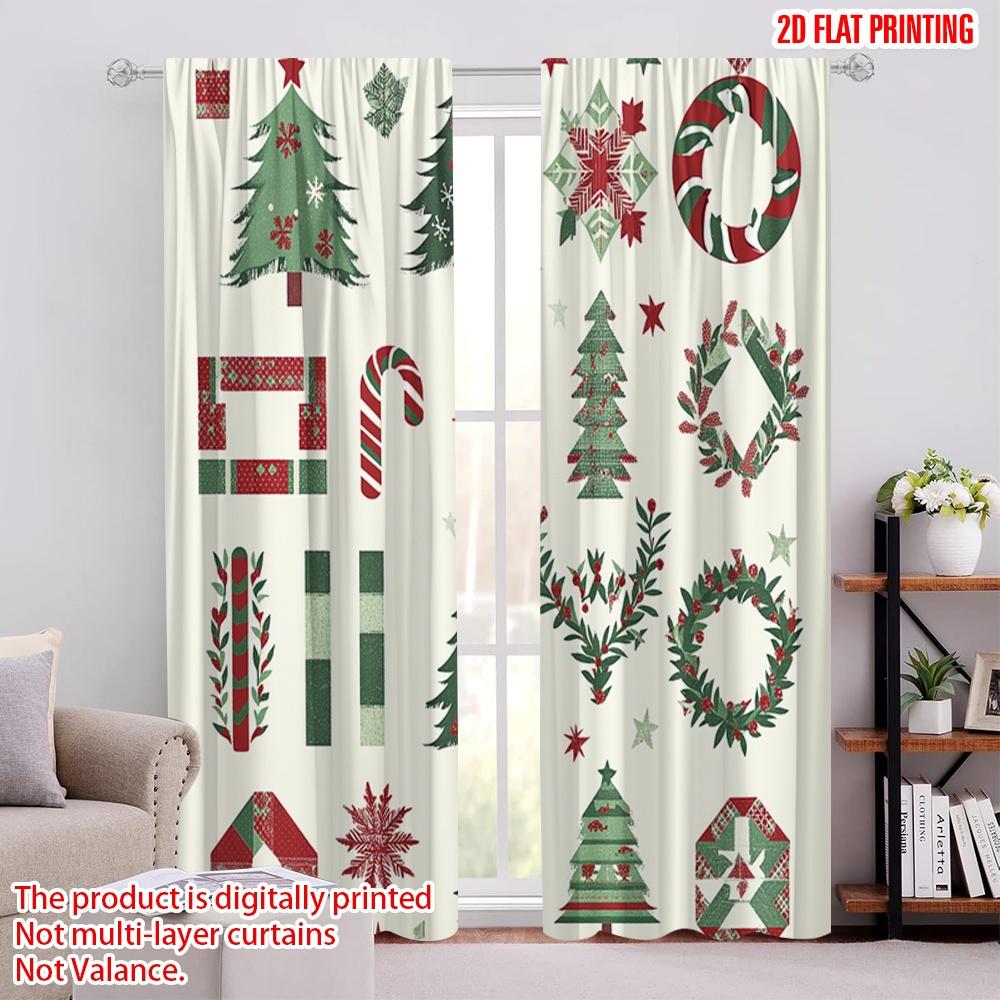 2pcs,2D Plane Printing Creative Curtains Christmas Trees Wreaths Bows Stars Durable 100% Polyester Fabric (without Rod) Holiday