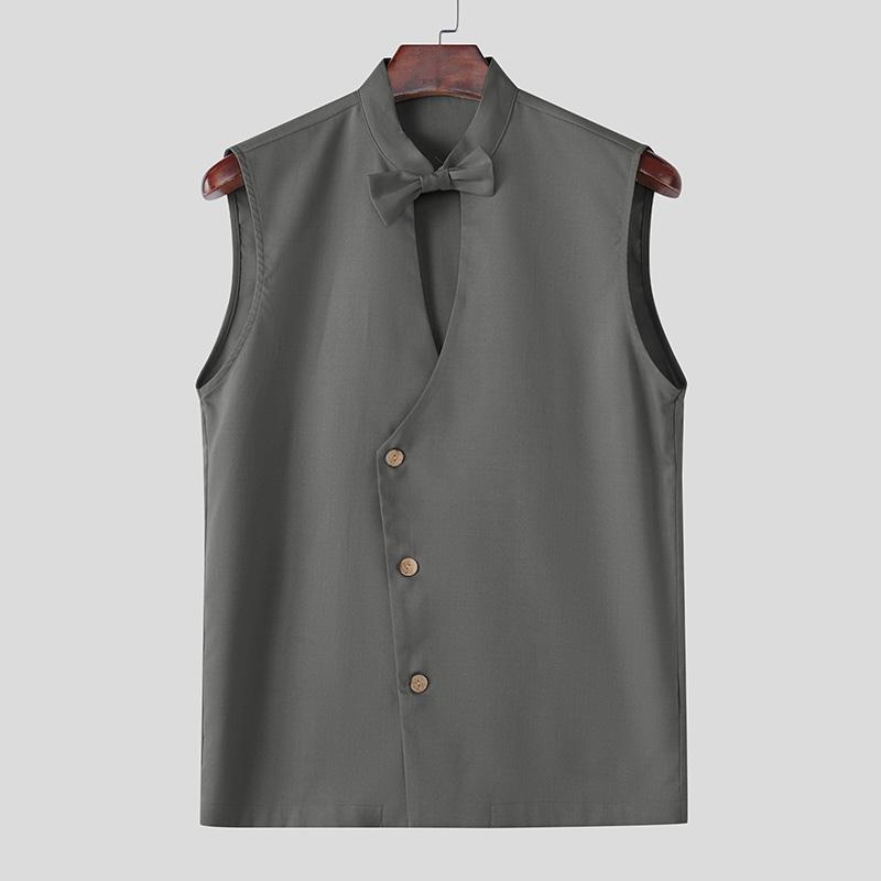 

INCERUN Summer Men Bow Knot Cutout Neck Sleeveless Oblique Buttons Tank Tops 5XL серый
