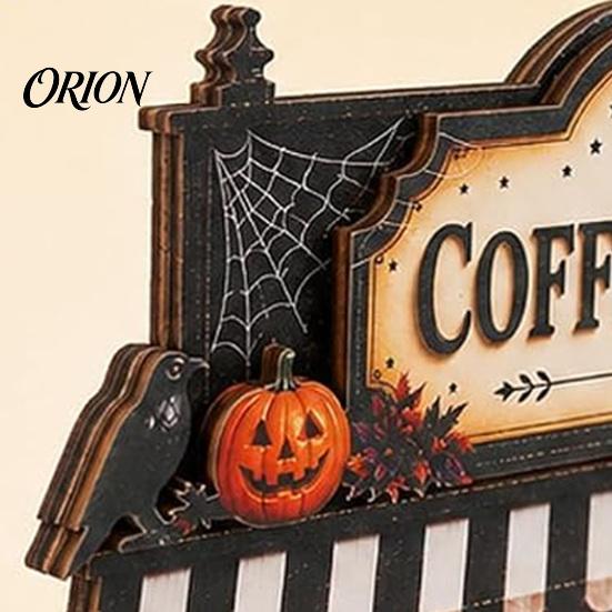 Coffee Nook Festive Displays Wooden Halloween Bar Sign, Fall Harvest Tabletop Decor Plaque with Pumpkin Autumn Seasonal Home Ghost Cat, Retro
