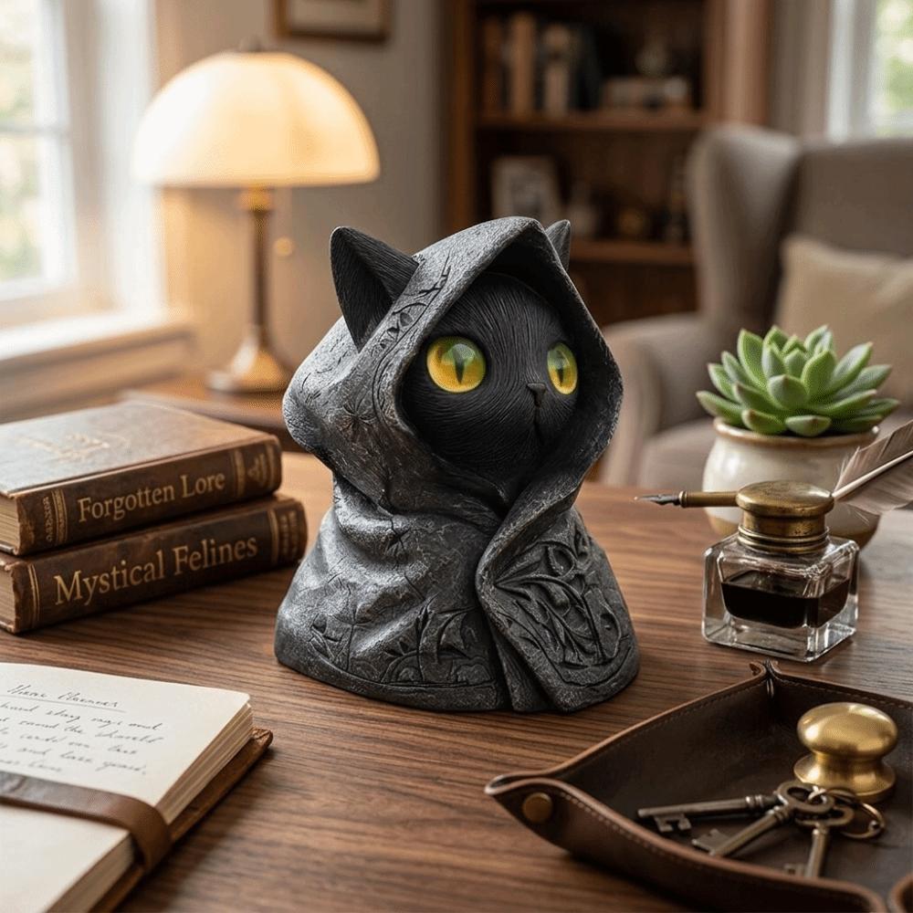 Cat Decor Figurines 3D Printed Cat Sculpture Hooded Cloak Decoration Mystical Cat Statue Gothic Cat Ornaments Halloween Decor