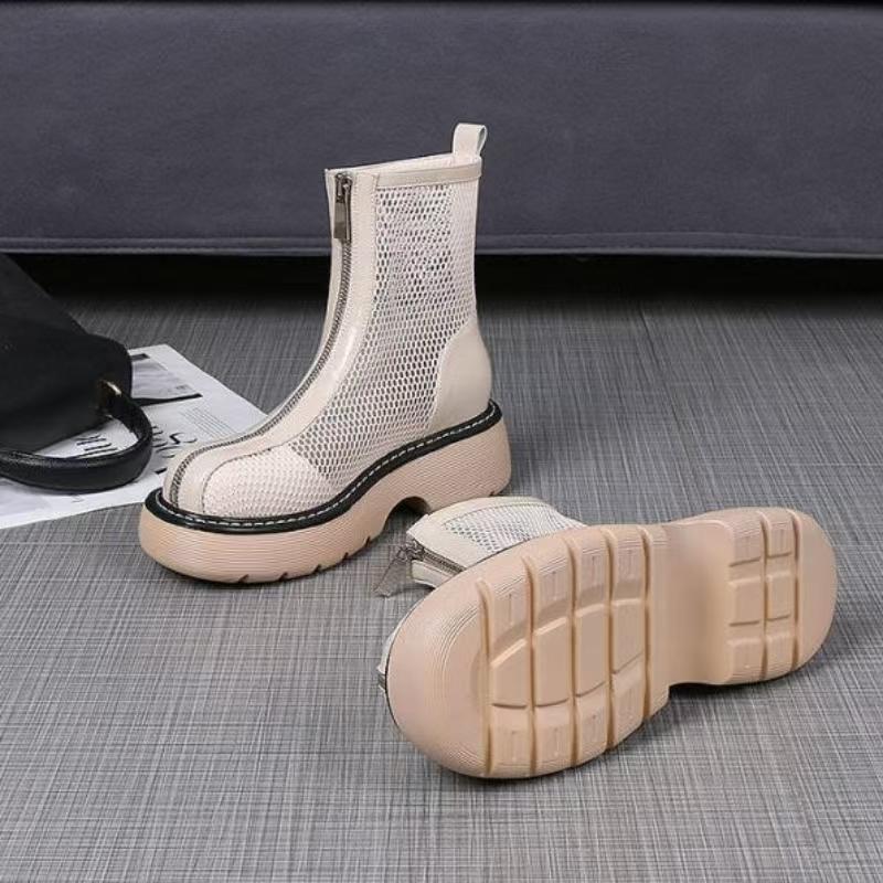 Women's Summer Thick Sole High Top Mesh Boots Block Heel Round Toe Hollow Out Lightweight Breathable Zipper Sandals Cool Boots