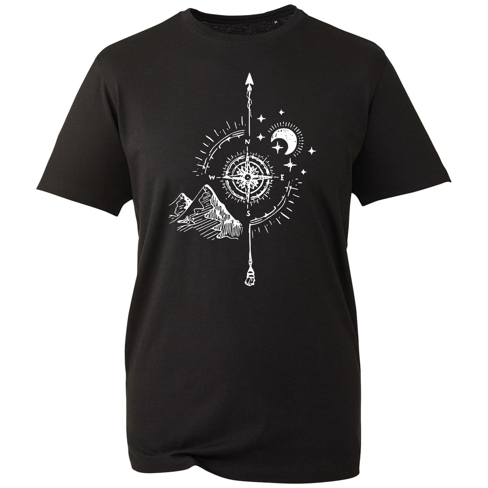 Celestial Compass Moon Phases T-Shirt, Black Mountain Astrology Asthetic Tee S