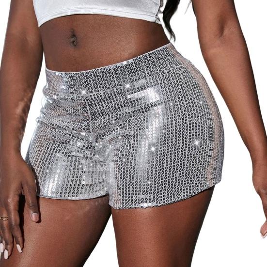 High Waist Shiny Sequins Shorts Women Glittery Straight Leg Party Stage Performance Clubwear