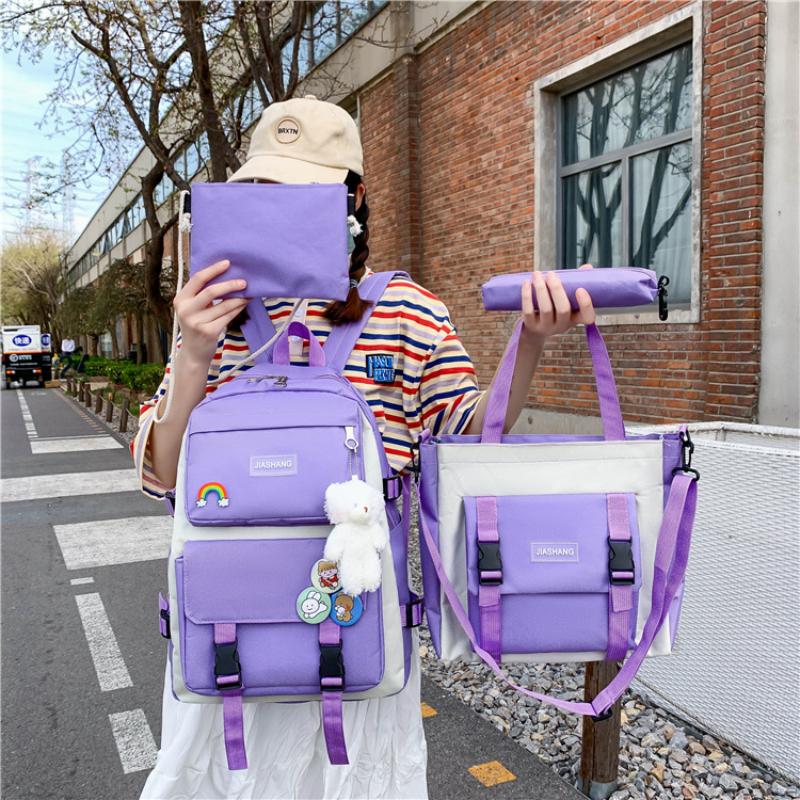 Korean Version Women's Canvas Backpack Large Capacity 4 PCS Set Middle School Rucksack Simple Wear-resistant Schoolbags with Pen Bag