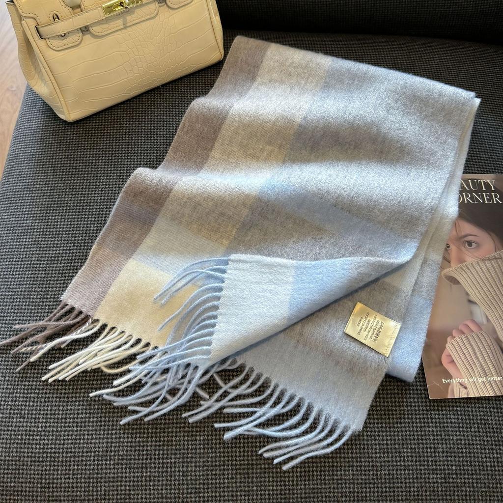 New Wool Warm Scarf for Women in Color Blocked Plaid Scarf Long Tassel Scarf Thickened and Warm