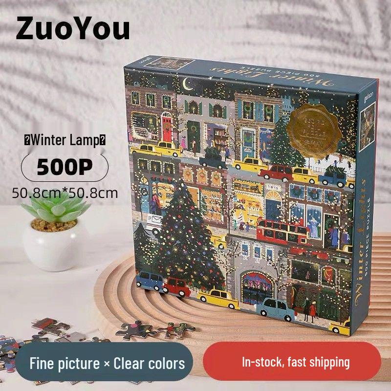 Galison Winter Lights 500-Piece Puzzle - Christmas Bustling Street Festival Night