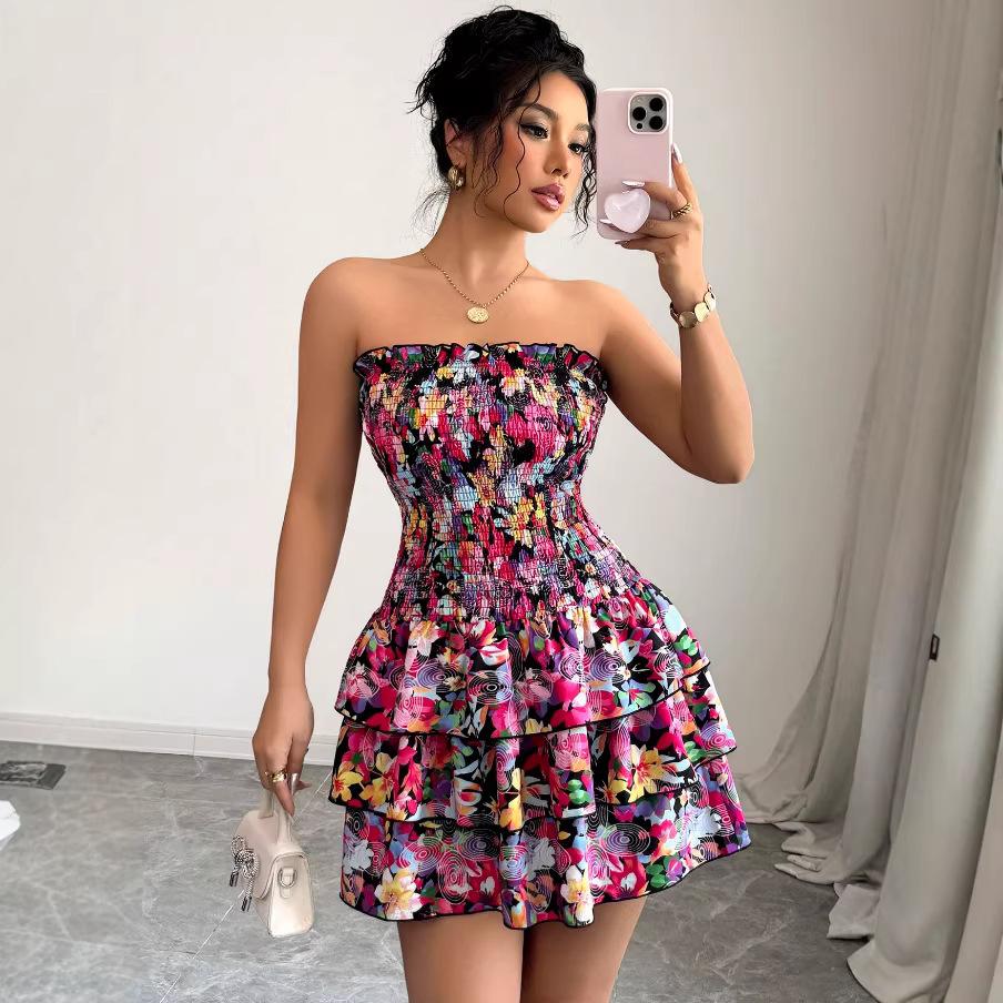 Beach Vacation Style Colorful Print Elastic Strap Short Skirt Flounce Dress Cake Dress One Shoulder Sleeveless Summer