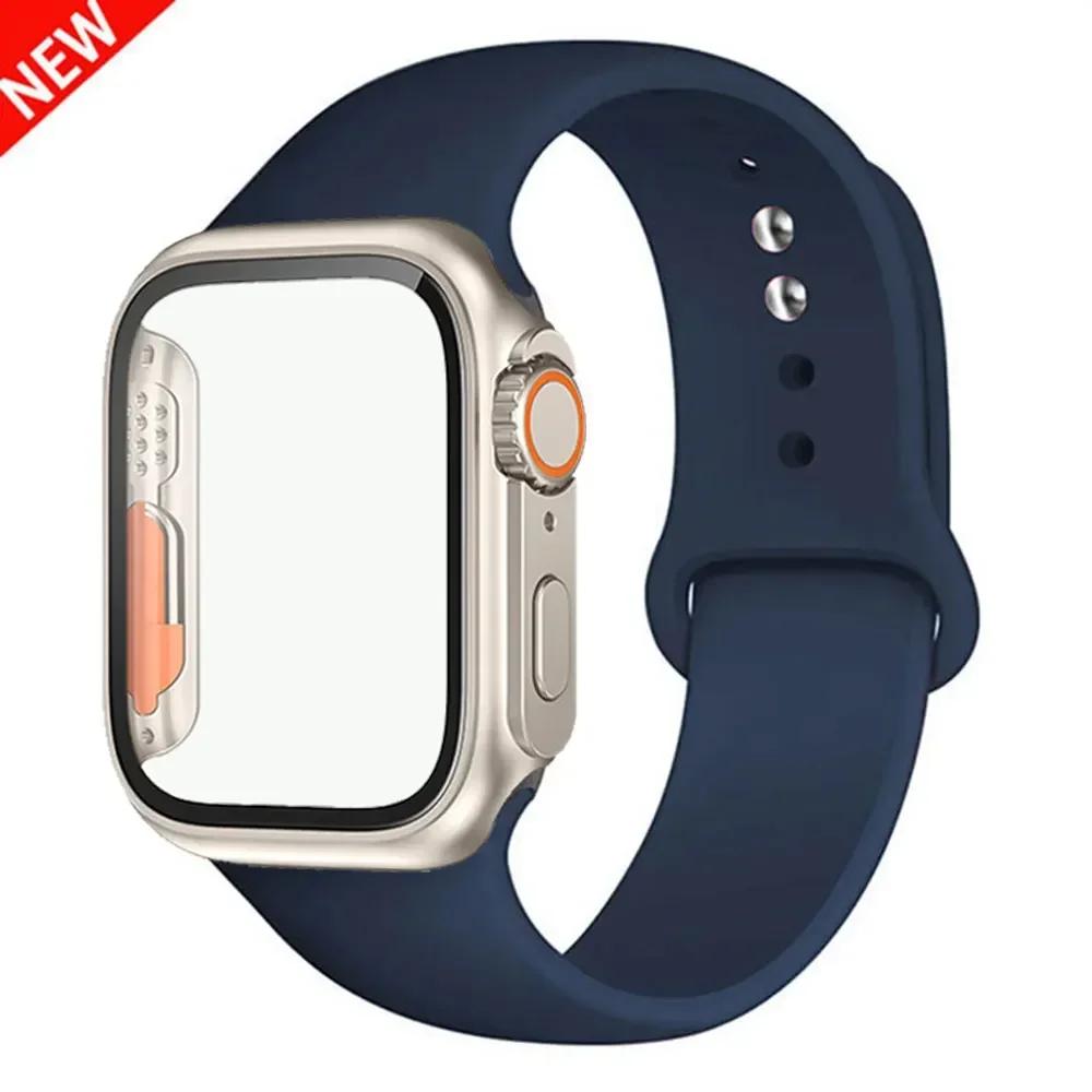 Silicone Strap+Case For Apple Watch Band 44mm 45mm 41mm 40mm Tempered Glass Cover Change to Ultra iWatch Series 9 8 7 SE 6 5 3