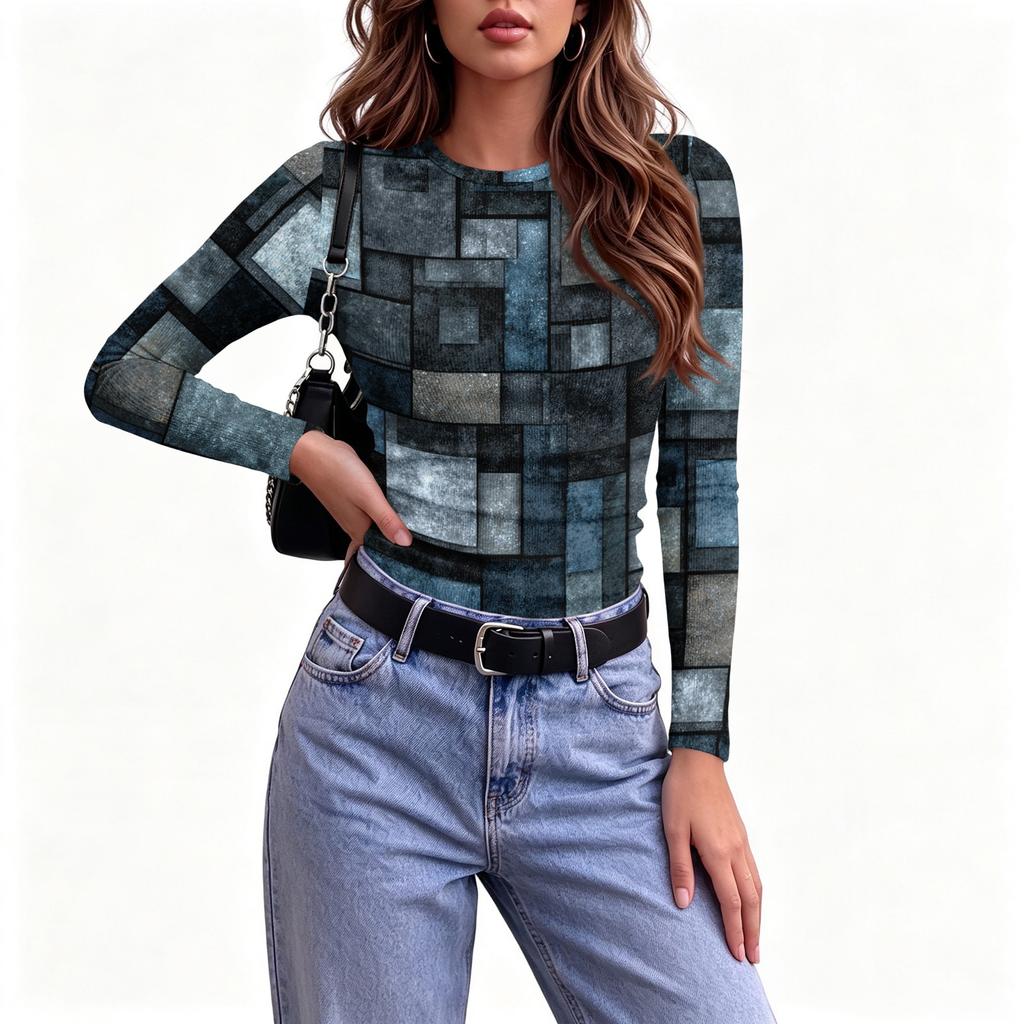 Women's Slim Fit Long Sleeve T-Shirt with Vintage Print Neck Casual Top for Everyday Wear