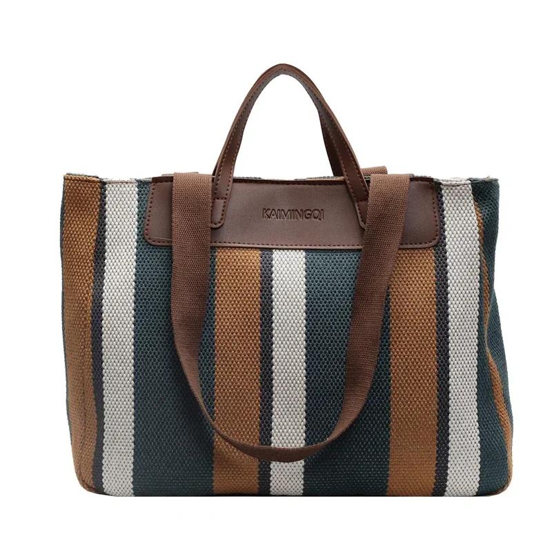 Borse Dolci a Strisce in Tela ad Alta Capacità per Donna  Borsa da Lavoro Standard a Contrasto di Colore alla Moda  Nuove Borse a Spalla Versatili
