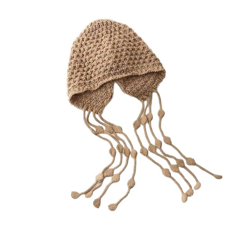 Women's Red Ethnic Tassel Hat - Winter Handmade Knitted Wool, Small-Face Retro Fashion