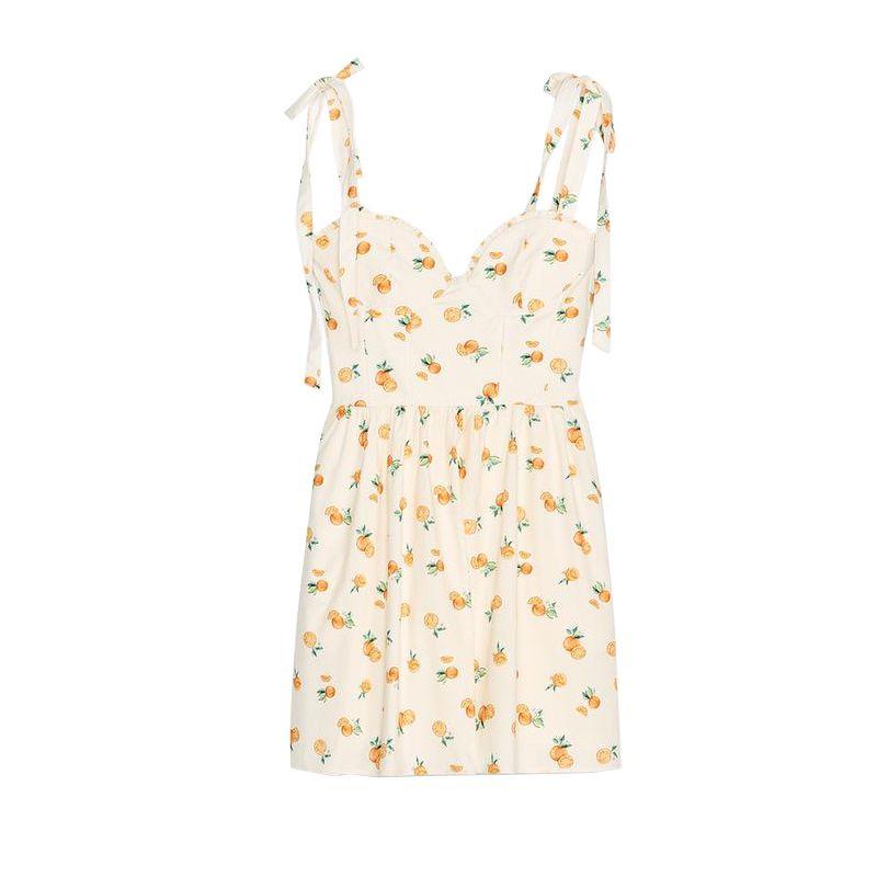 

Летняя Новинка Женская одежда Французский стиль Воротник в форме сердца Без рукавов Оранжевый принт Поплиновое платье-слинг 3152386 Orange White L