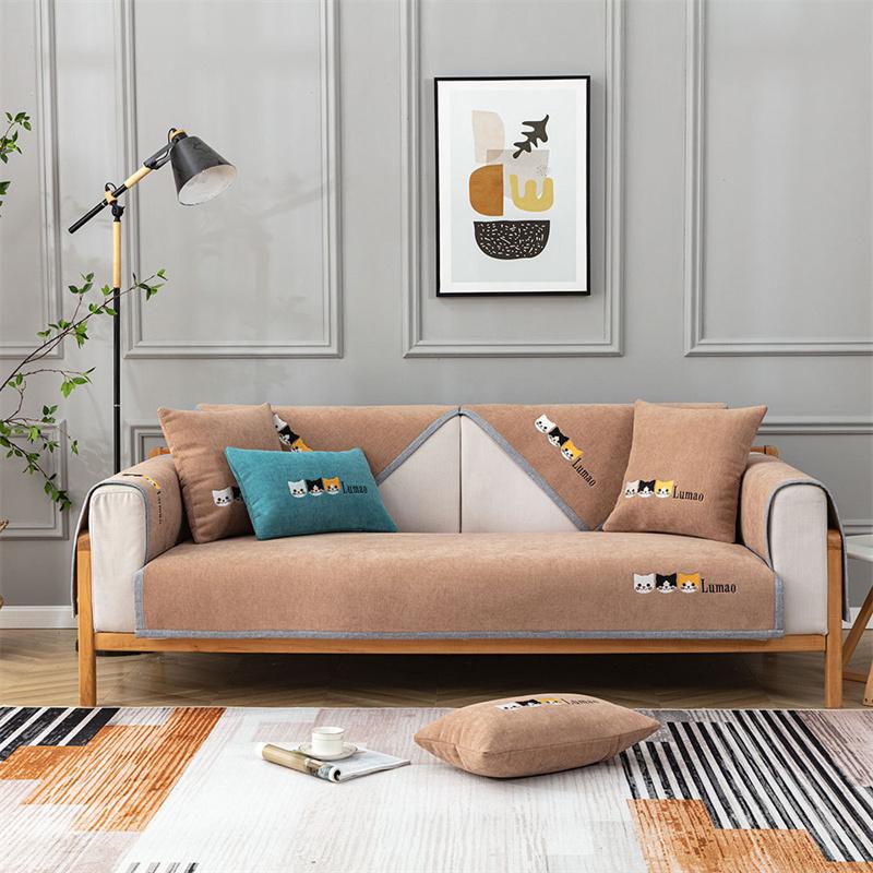 Nordic Cute Cat Print Chenille Sofa Mat Non-slip Sofa Towel Couch Cushion Cover Four Seasons Universal Simple Couch Slipcovers