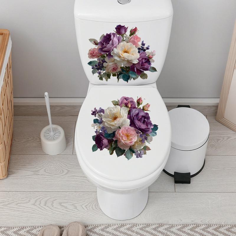 Watercolor Purple-pink Flower Toilet Sticker  Removable, Waterproof, Bathroom Toilet Decoration Sticker