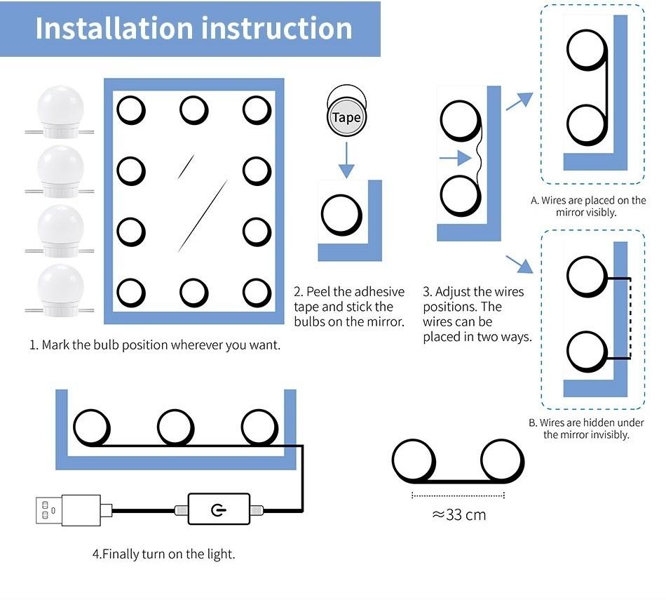 CanLing LED 12V Makeup Mirror Light Bulb Hollywood Vanity Lights Stepless Dimmable Wall Lamp 6 10 14Bulbs Kit for Dressing Table