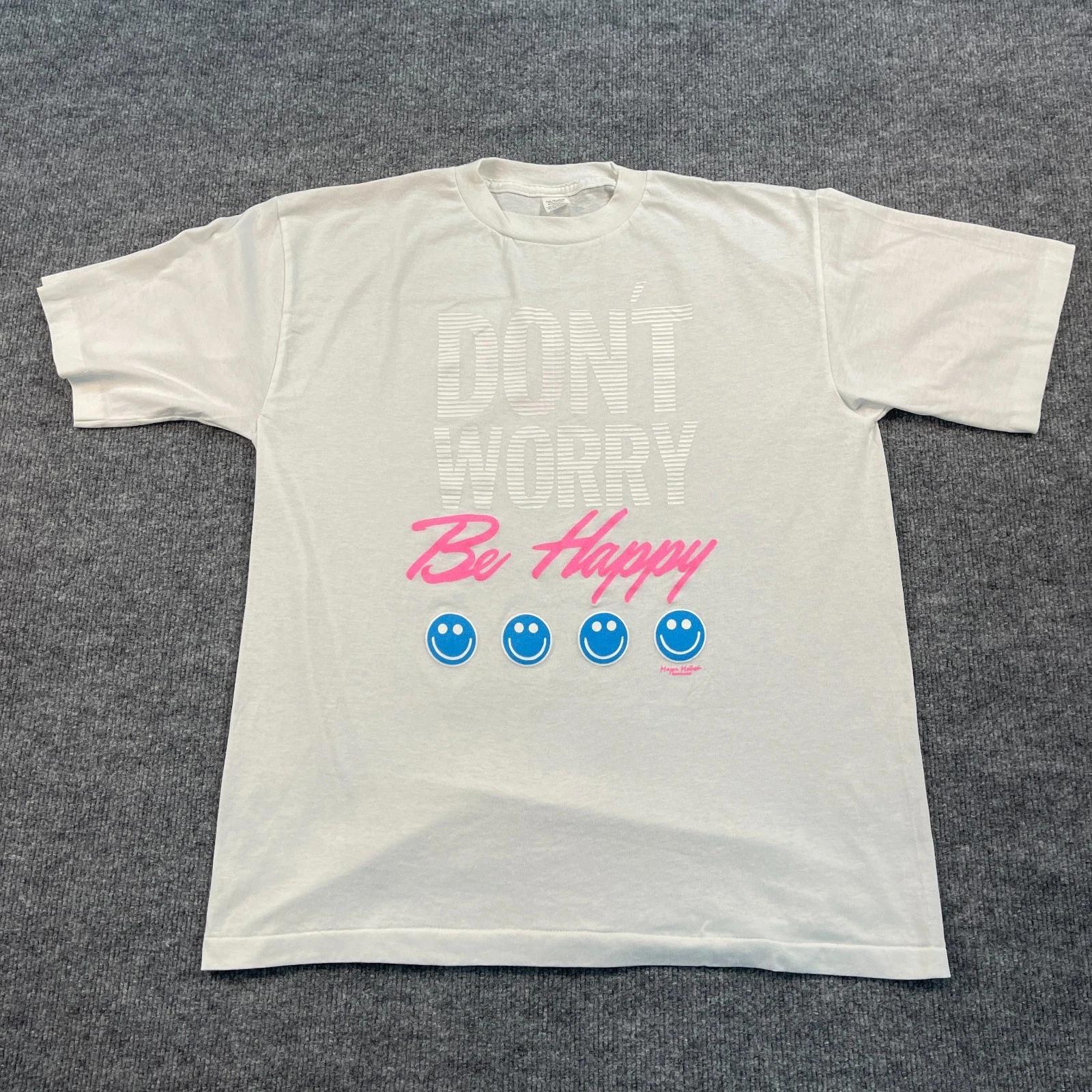 Vintage 90s Mayor-Motion Don t-Worry Be-Happy Shirt Large 21x27 White 3XL