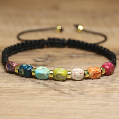 7 Chakra Imperial Jasper Perlenarmband – Goldakzent Verstellbarer Boho Schmuck, Energieausgleich Geschenk für Männer Frauen