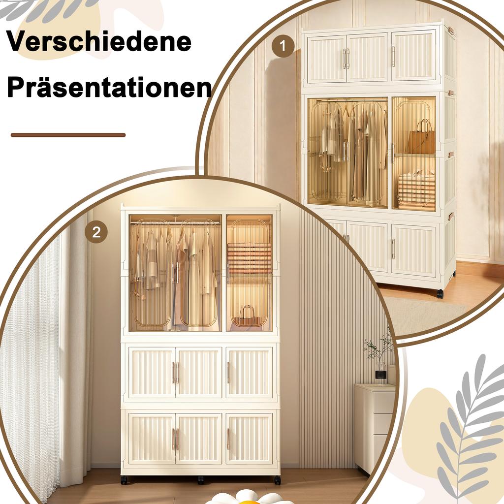 Foldable Plastic Wardrobe with 9 Magnetic Doors, 1 Clothes Rail, 6 Lockable Casters, 6 Coat Hangers, Storage for Bedroom, Children's Room