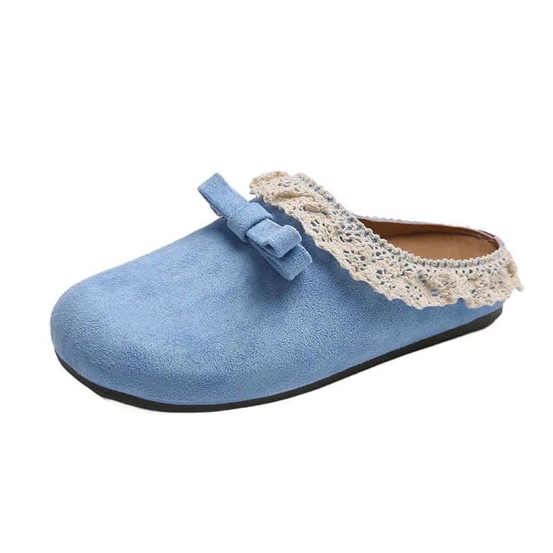 

Fashion Women s Fashion Baotou Slippers Summer New Round Head Suede Butterfly Knot Anti-slip Wear-resistant Flat Shoes 35 синий