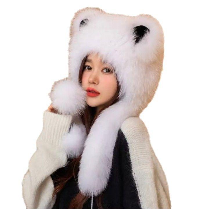 Chapeau d'oreille élégant et mignon en peluche imitation, grandes oreilles de renard, protection d'oreille, écharpe intégrée, chapeau chaud épais pour l'automne et l'hiver