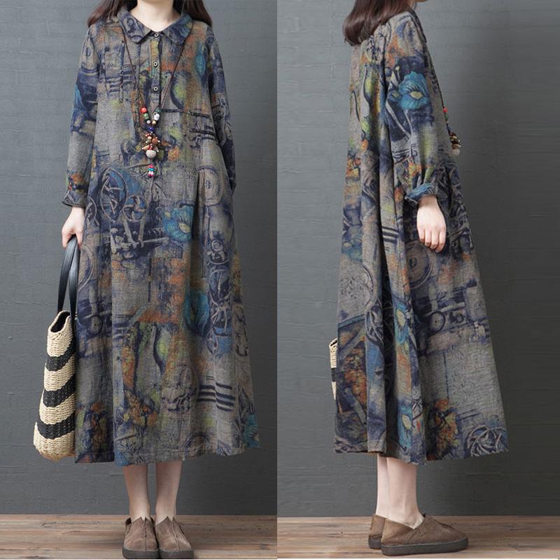 Herbst neues literarisches lockeres Baumwoll- und Leinen-Druckrevers Langarmkleid Damenbekleidung mittellanger Hemdrock