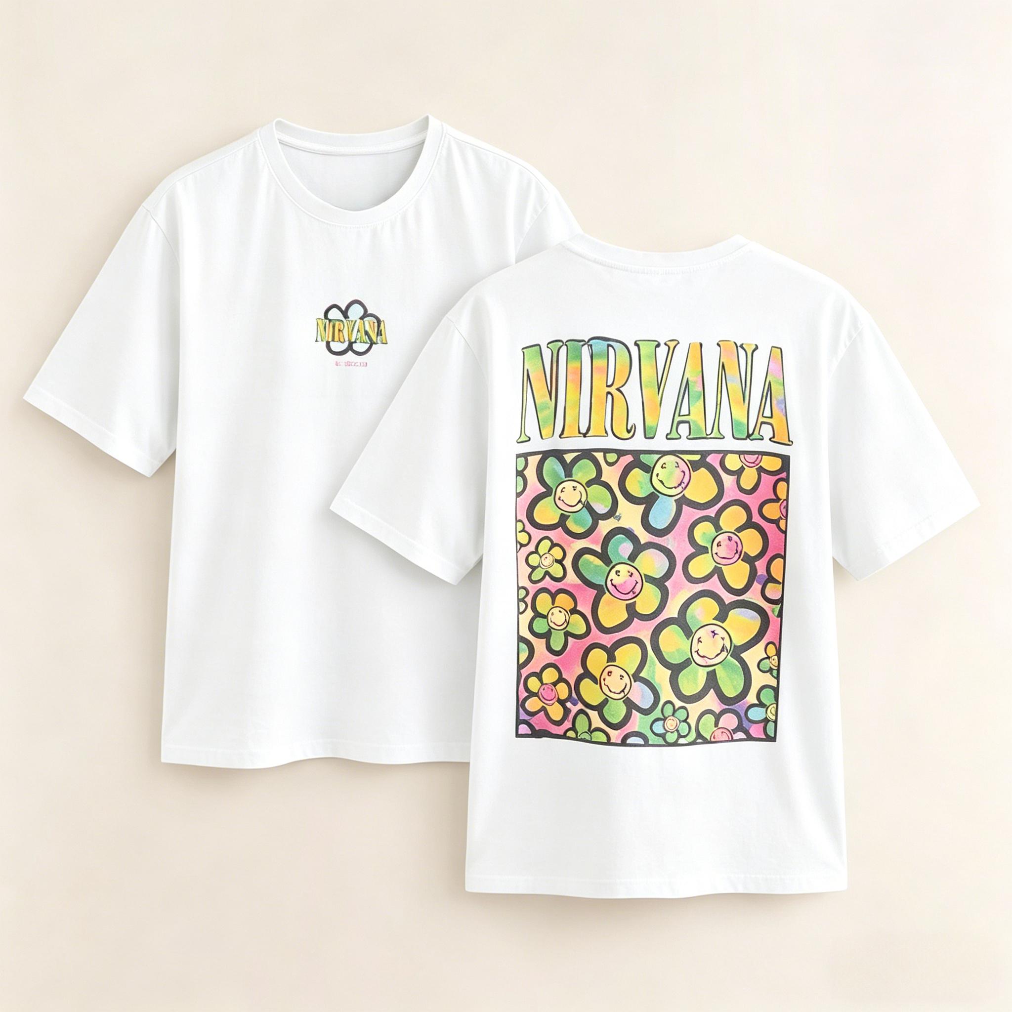 

2026 New Nirvana Band Flower Print TShirt Vintage Streetwear Hip Hop Aesthetic Summer Casual Loose Fit Tee Top for Unisexs Tshirt S