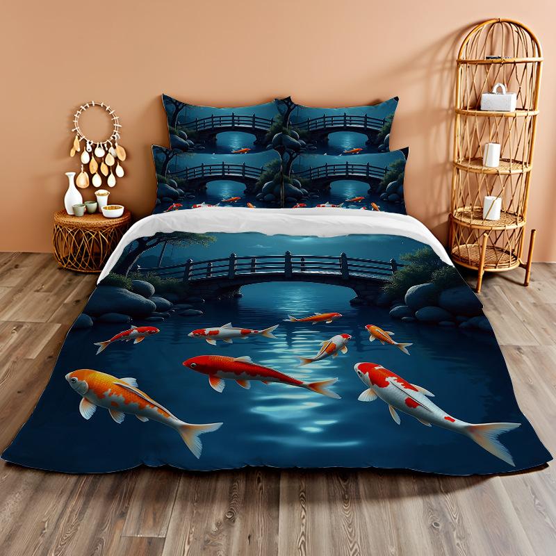 

3D Digital Printing Bedding Two Or Three-Piece Set Koi Roaming Polyester Quilt Cover EU single 135*200