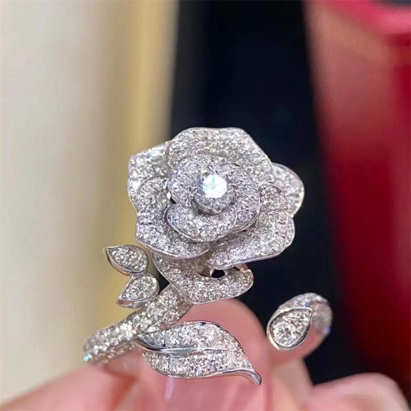 Elegant Micro-Pavé Diamond Rose Flower Ring for Women – Versatile, Trendy, and Popular Adjustable Open Size