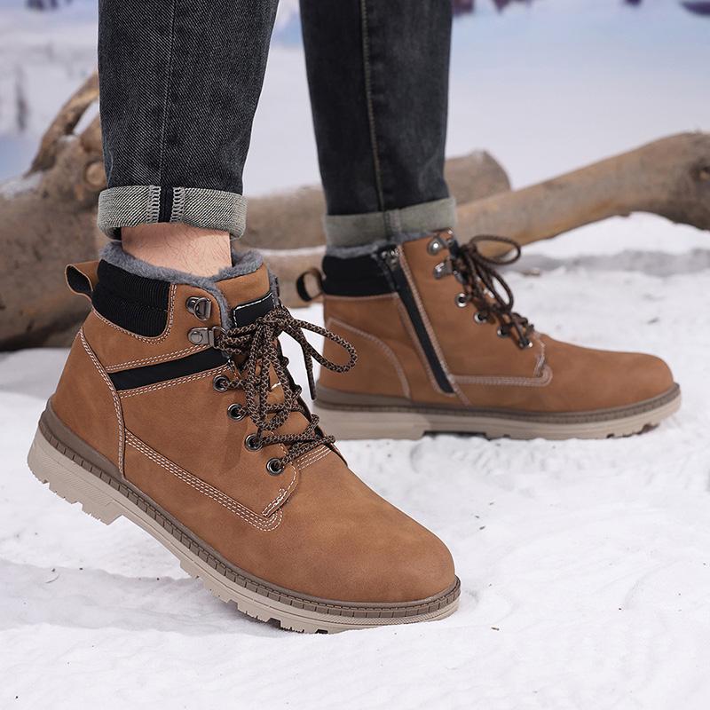 TUINANLE Men Winter Boots Warm Plush High-top Velcro Non-slip Chunky Heel Snow Outdoor Shoes