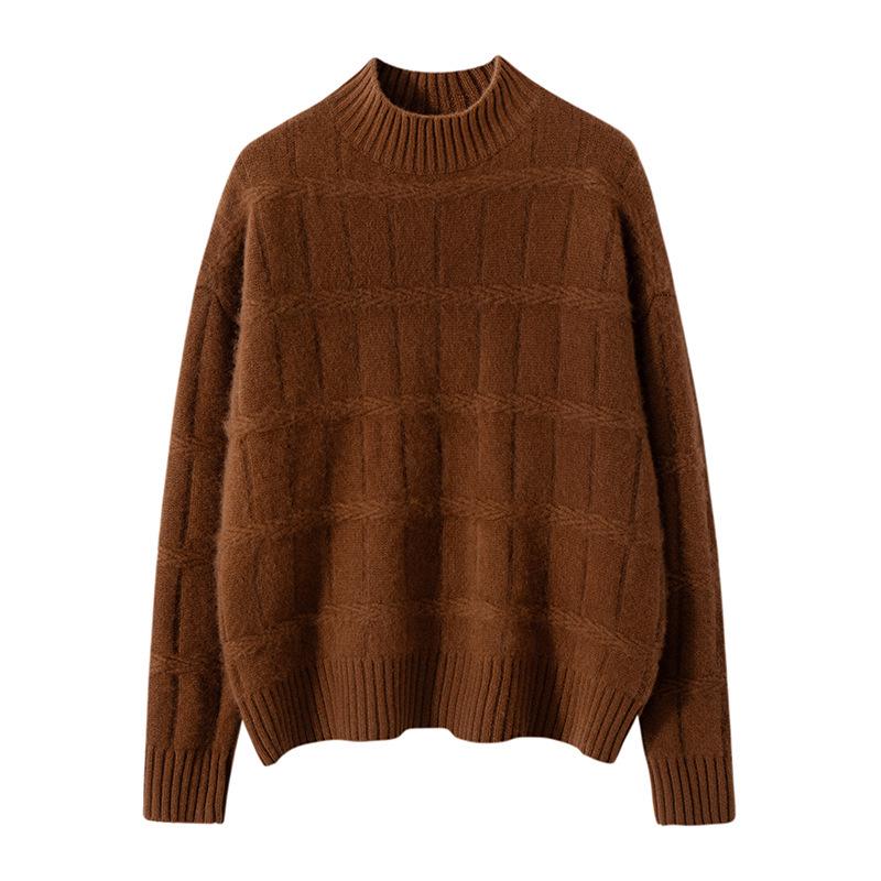 Women's 100% Cashmere Vintage Loose Fit Half High Neck Pullover - Thick, Warm Knit Sweater for Autumn/Winter.