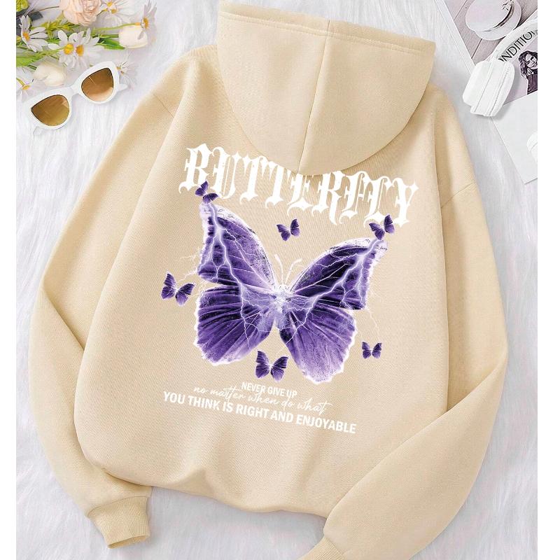 Beautiful Purple Butterfly Printing Hoodies Women Fleece Pocket Hoody Simple Casual Hoodie Autumn Loose Female Streetwear