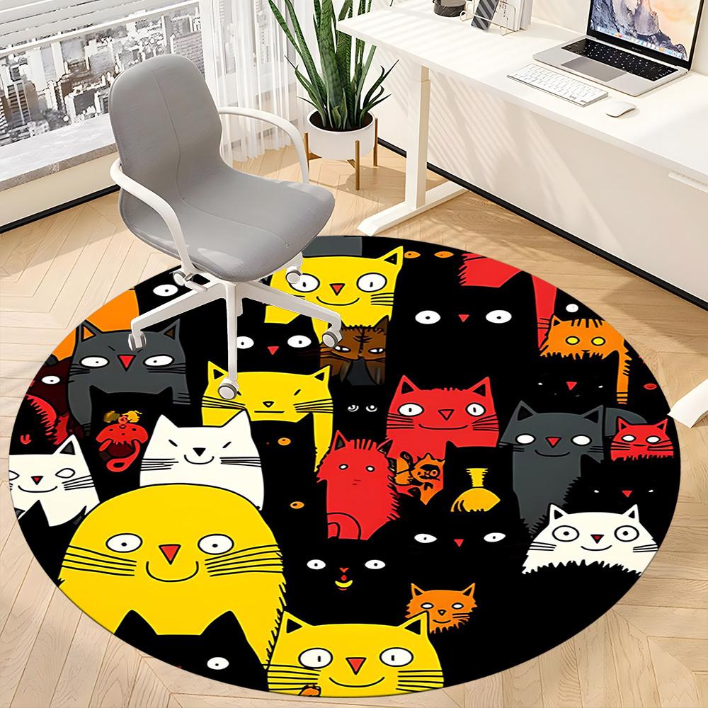 1PC Cat Pattern Office Round Area Rug, Mat Suitable For Office, Under Office Chairs Bedroom Living Room Home Decor, Room Deco