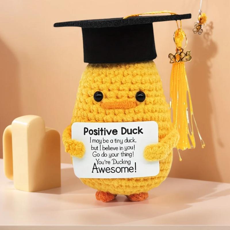 Anatra a Energia Positiva Divertente Peluche Fatto a Mano in Lana Con Biglietto Regalo di Laurea Bambola Lavorata a Maglia Carina Decorazione per la Casa e la Stanza