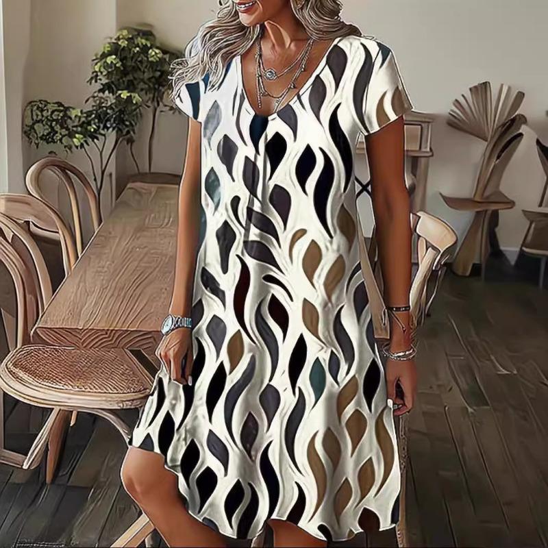 

Женский летний свободный пуловер с V-образным вырезом, повседневные модные повседневные платья с короткими рукавами и принтом XXL