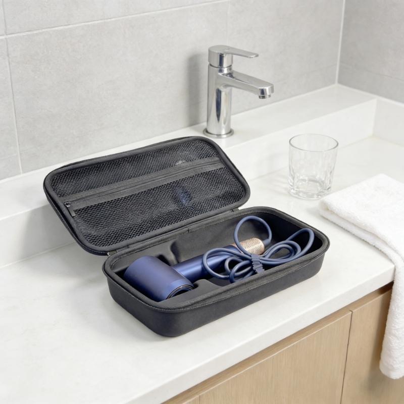 Travel Organiser Bag for Hair Dryer and Styling Tools Features Expandable Mesh Pouch Compactly