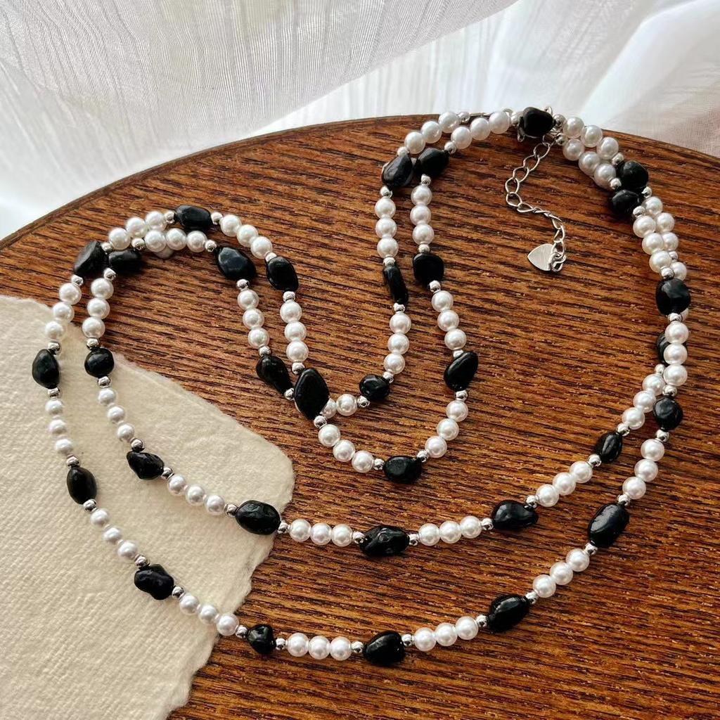 Vintage Natural Black Agate Artificial Australian White Pearl Sweater Chain Necklace Collarbone Chain