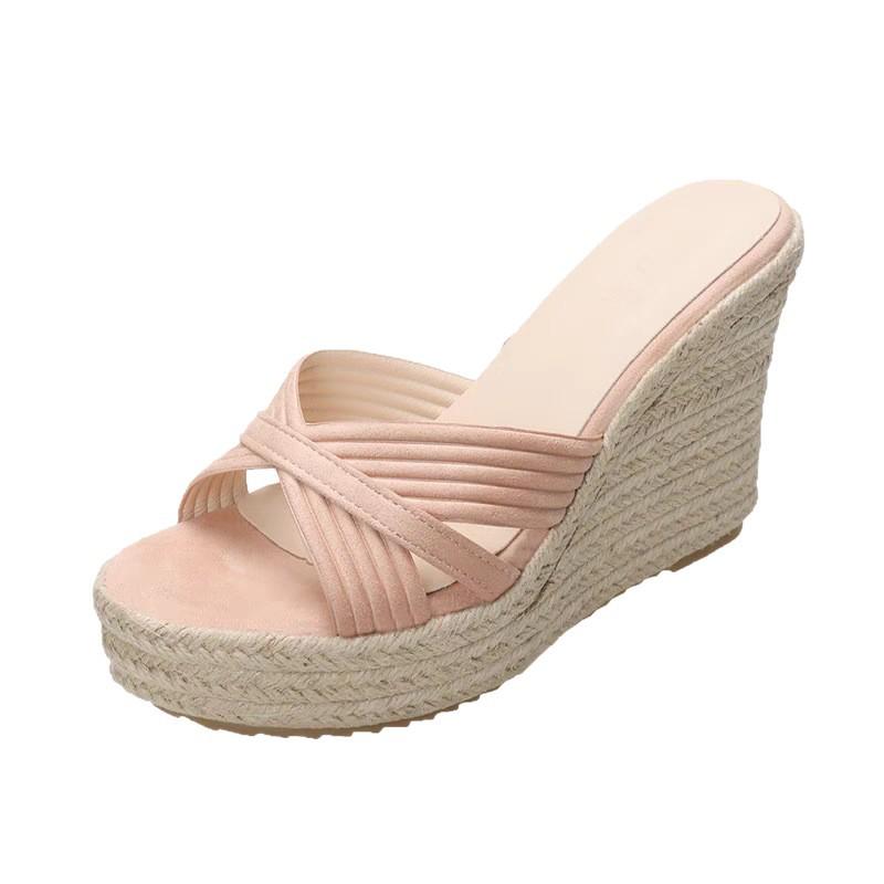 Thick bottom heightening straw weaving slope heel cool slippers women's summer wear 2025 new large size versatile fairy wind beach slippers