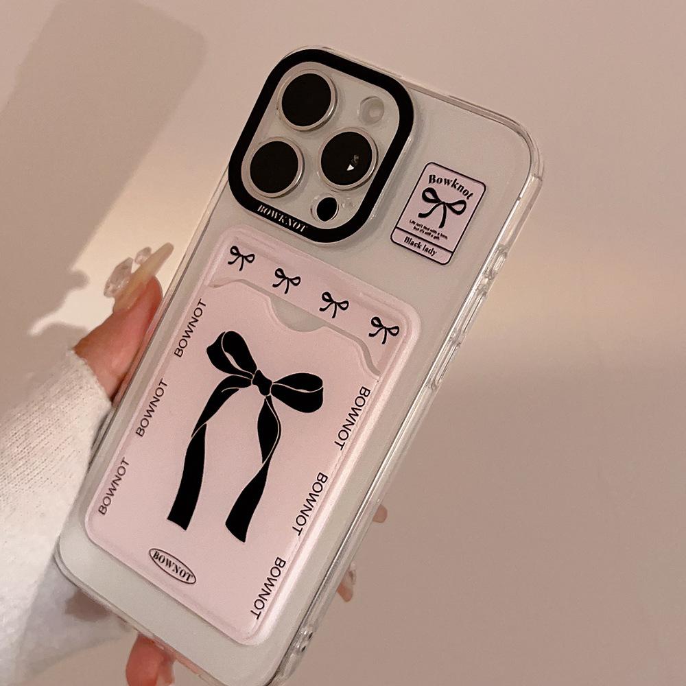 Korean Cute Bowknot Card Holder Phone Case For iPhone 17 16 15 14 13 12 11 Pro Max X XR 7 8 Plus SE Wallet Shockproof Soft Cover