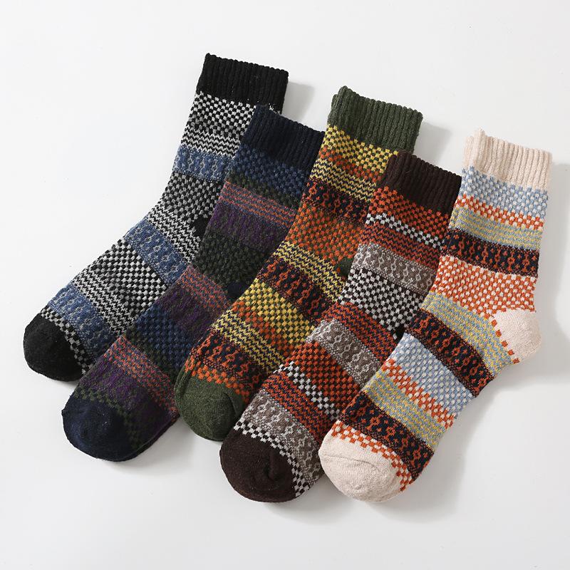5/10 Pairs Autumn Winter Thickened Warm Socks Men's Retro Ethnic Style Small Diamond Wool Socks Mid Calf Socks Comfortable
